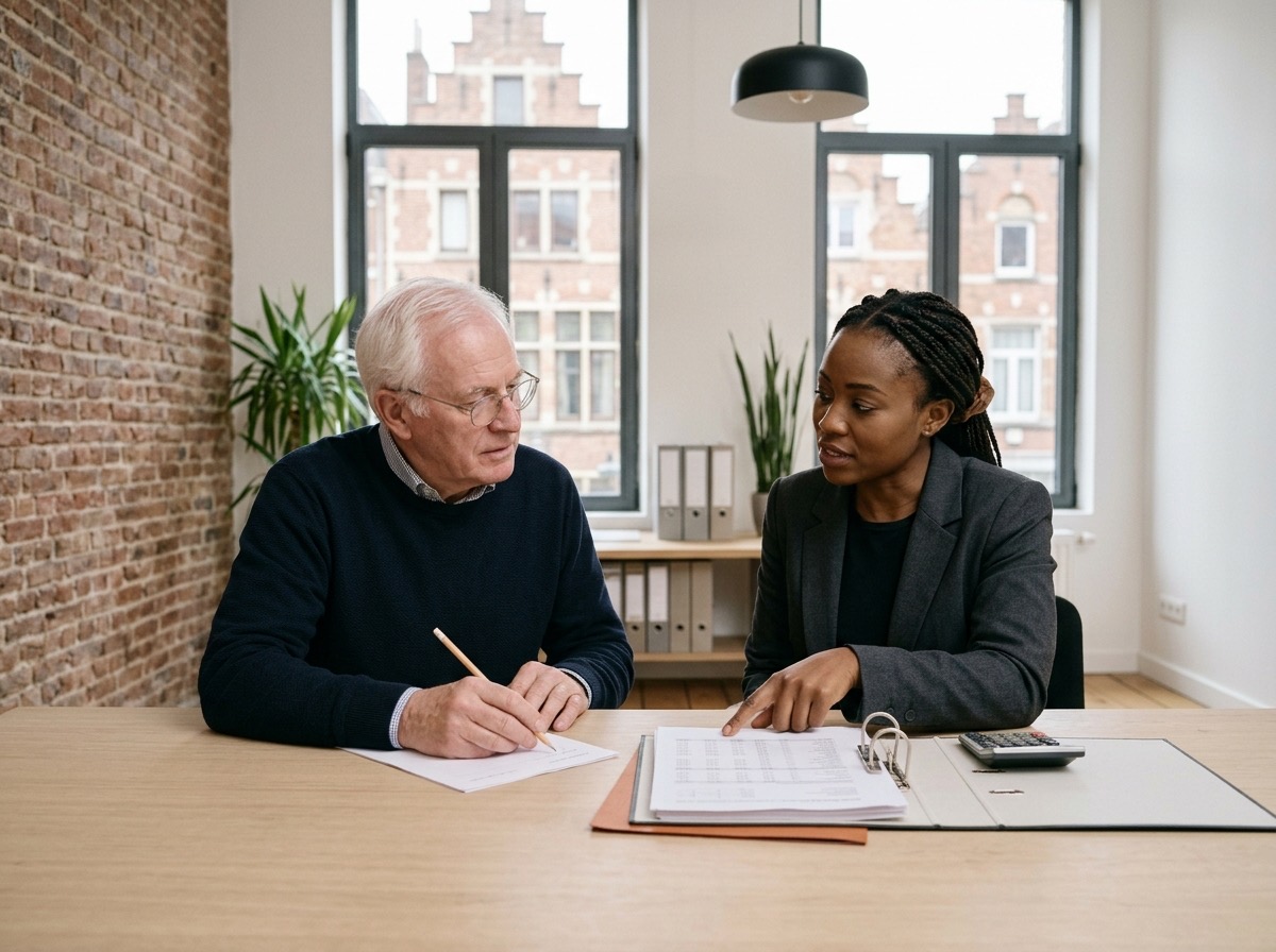 Two colleagues reviewing a page of figures at a long table in an office with a brick wall.