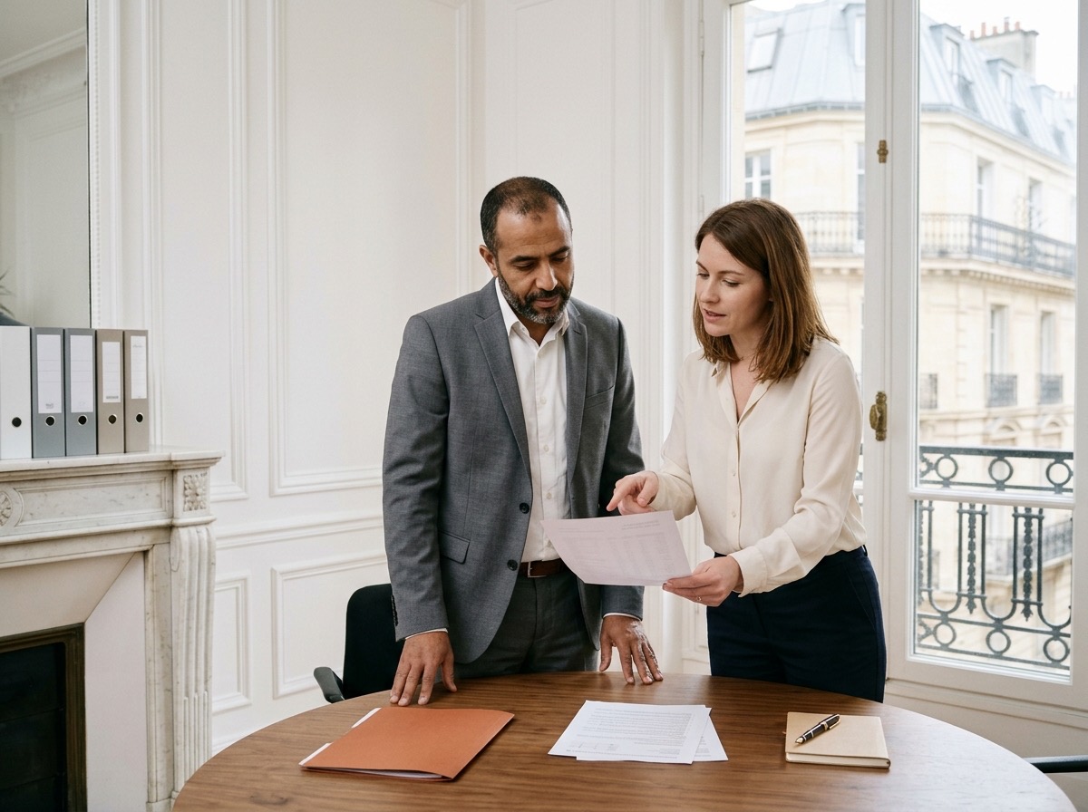 Two colleagues discussing a printed page at a round table by a tall window.
