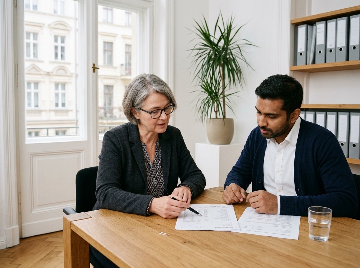 Two colleagues going through printed documents at a table in a bright office.