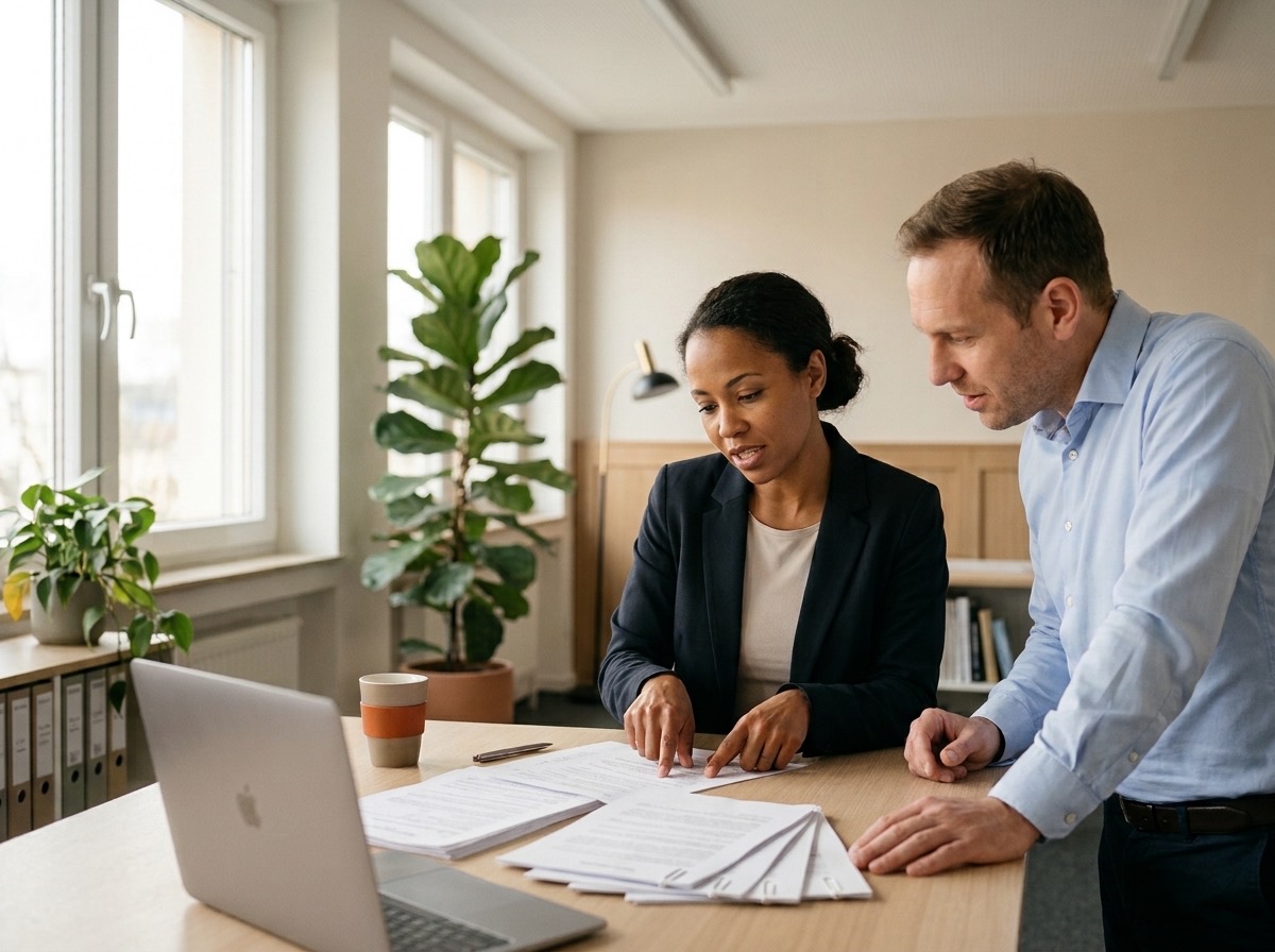 Two colleagues discussing a printed document at an office table.